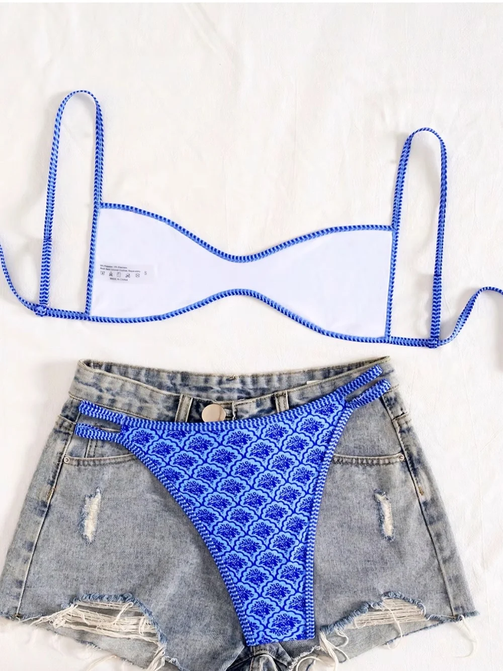 Blue Patterned Bandeau Bikini Set - Women Swim